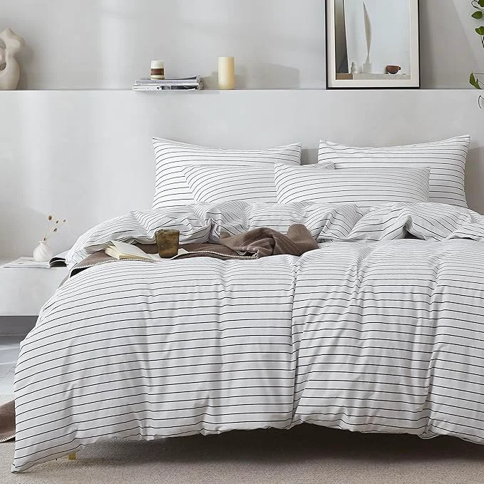Fine JELLYMONI Natural Cotton 3pcs Striped Duvet Cover Sets White Duvet Cover with Thin Black Stripes Pattern Printed Comforter Cover with Zipper Closure amp Corner Ties Queen Size User-Friendly
