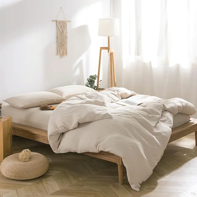 Premium Material VM VOUGEMARKET Cotton Muslin Duvet Cover King Size 3-Layer Guaze Textured Off-White Bedding Set Ultra Soft Breathable Textured Linen Like Comforter Cover with Zipper amp Ties-Oatmeal Elite