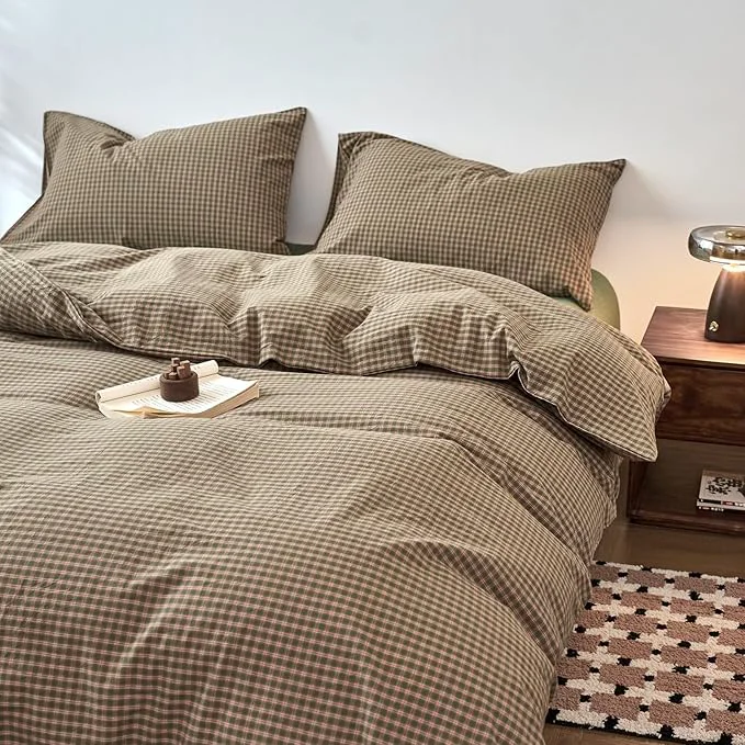 Luxury Gingham Full Duvet Cover Sage Green Washed Cotton Full Comforter Cover Plaid Checkered Country Zipper Duvet Cover Set with Corner Ties Boho Soft Bedding Set for Boys Duvet Protector Relaxed