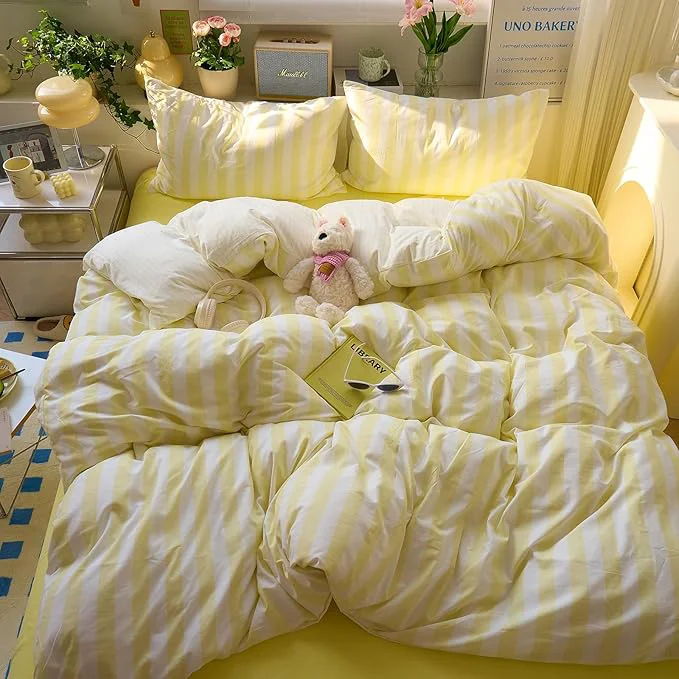 Selected Yellow Striped Full Duvet Cover Cute Soft Full Size Comforter Cover Boho Chic Washed Microfiber Farmhouse Duvet Cover Set with Corner Ties College Dorm Bedding Set for Girls Duvet Protector Outstanding