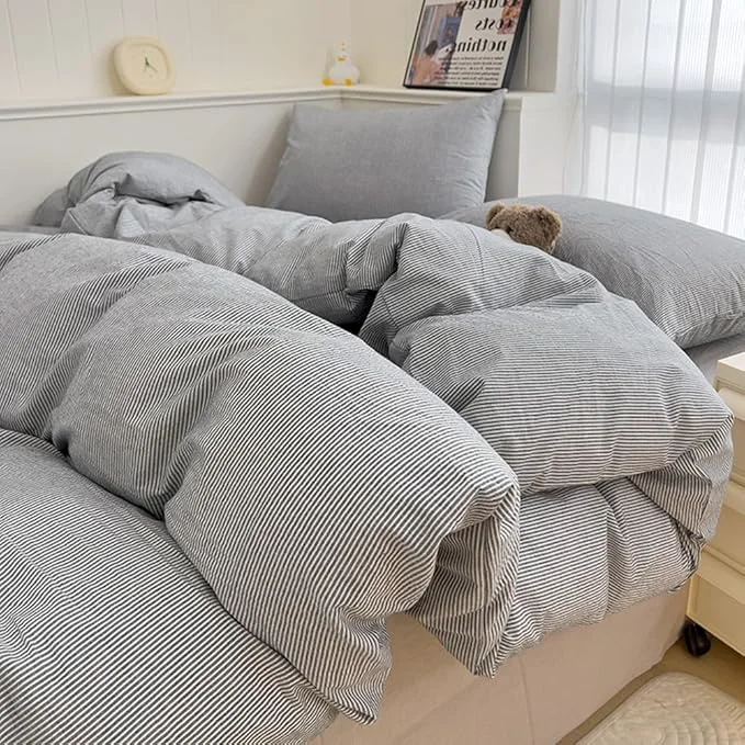 Selected VM VOUGEMARKET Grey Pinstriped Duvet Cover Set Queen Washed Cotton Bedding Set Ticking Stripes Pattern Duvet Cover with Zipper Closure 3pcs Horizontal Stripes High-Grade