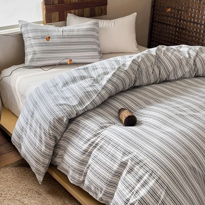 Striped Twin XL Duvet Cover Off White Washed Cotton Twin XL Comforter Cover Farmhouse Boho Soft Zipper Duvet Cover Set with 2 Pillowcases Grey Vertical Stripe Bedding Pattern Duvet Protector Powerful