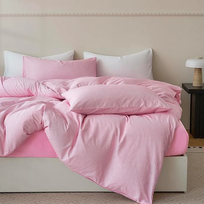 Secure JELLYMONI Natural Cotton 3pcs Striped Duvet Cover Sets White with Pink Stripes Pattern Printed Comforter Cover with Zipper Closure amp Corner Ties King Size Crafted