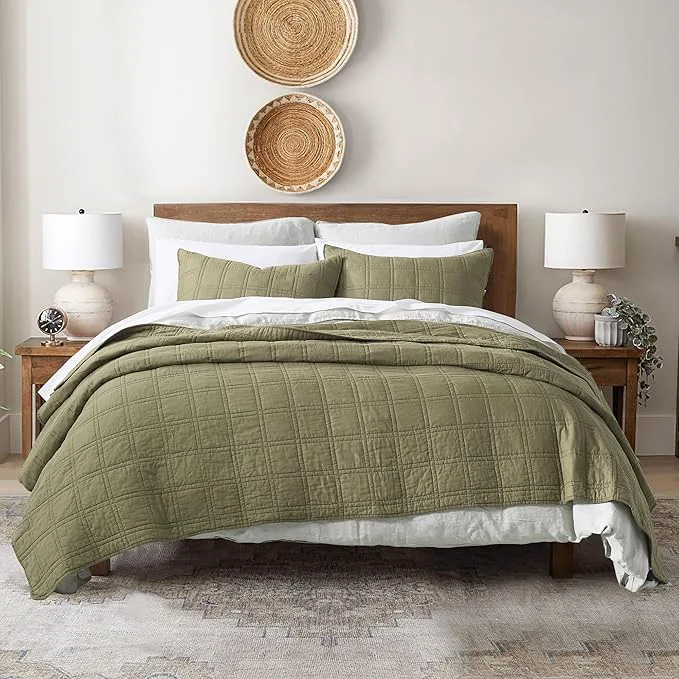 Exceptional HORIMOTE HOME Cotton Quilt Twin Size Olive Green Bedspread Pre-Washed 2PCS Cozy Lightweight Stitching Decorative Bedding Cover Coverlet Set with 1 Sham in Geometric Pattern for All Season Fine