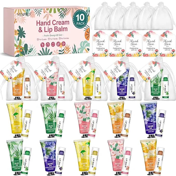 Convenient VESPRO 10 Pack Bulk Hand Cream and Lip Balm Sets Mothers Day Gifts High-Grade