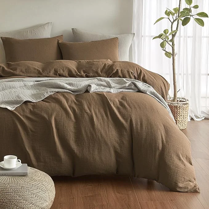 Eco-Friendly SE SOFTEXLY Muslin Duvet Cover Oversized King Size Washed Cotton Duvet Cover Set Soft Comforter Cover Linen Like 3 Pieces Minimalist Gauze Duvet Cover with 2 Pillowcases 98 quot x120 quot Dark Brown World-Class