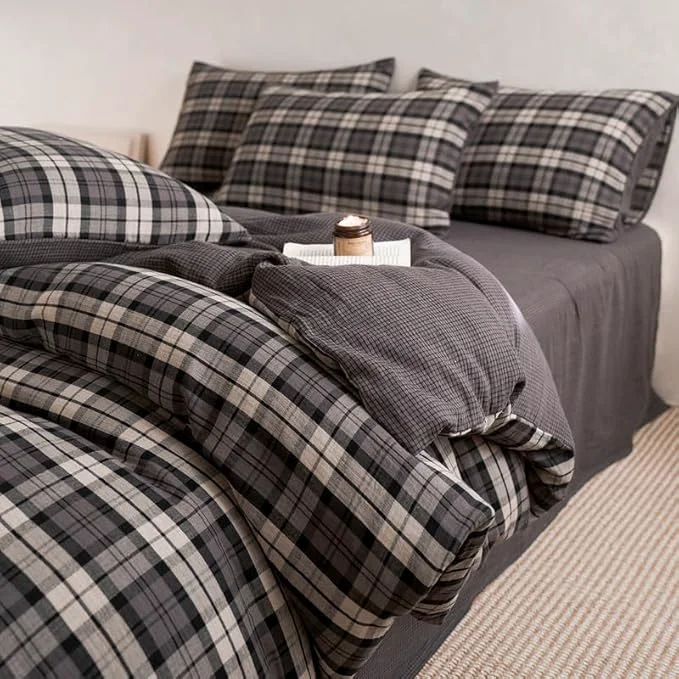 Effective VM VOUGEMARKET Vintage Buffalo Plaid Duvet Cover Queen Double Layer Cotton Jacquard Bedding Set with Grey Gingham Pattern Soft Breathable Reversible Duvet Cover with Zipper Closure Long-Lasting