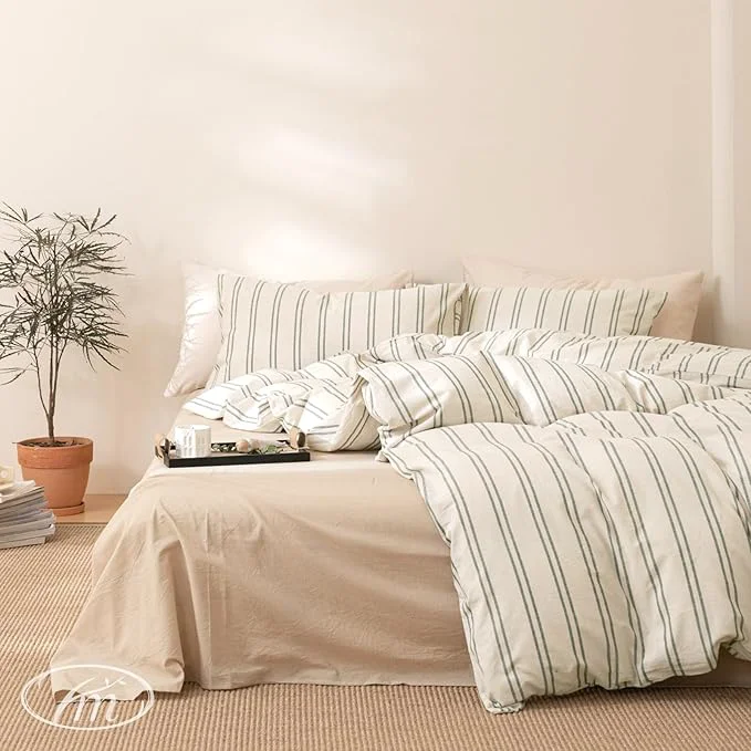 Proven VM VOUGEMARKET Teen Boys Duvet Cover Set Twin Greyish-Green Stripes Duvet Cover with 2 Pillowcases Modern Cozy Washed Cotton Comforter Cover with Zipper Closure amp Corner Ties 68 quot x90 quot 3pcs Twin XL Refined