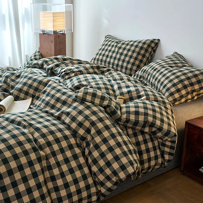 Verified VM VOUGEMARKET Rustic Farmhouse Washed Cotton Duvet Cover King – Teal Beige Plaid Gingham Casual Lightweight Bedding Set for Cozy Bedroom Decor Original Design