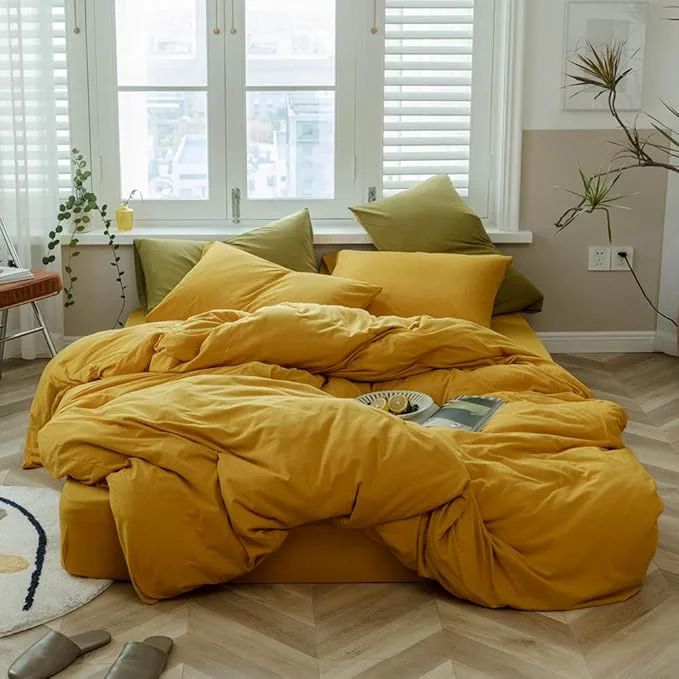 Casual VM VOUGEMARKET Yellow Duvet Cover Sets King Jersey Knit Cotton Gold Bedding Set 1 Duvet Cover 2 Pillow Shams Simple Luxury Down Comforter Cover with Zipper Closure-King Gold Practical