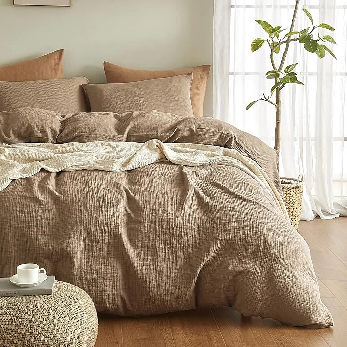 Sustainable SE SOFTEXLY Muslin Duvet Cover Oversized King Size Washed Cotton Duvet Cover Set Ultra Soft Comforter Cover Linen Like 3 Pieces Gauze Duvet Cover with 2 Pillowcases 98 quot x120 quot Light Brown Original Design