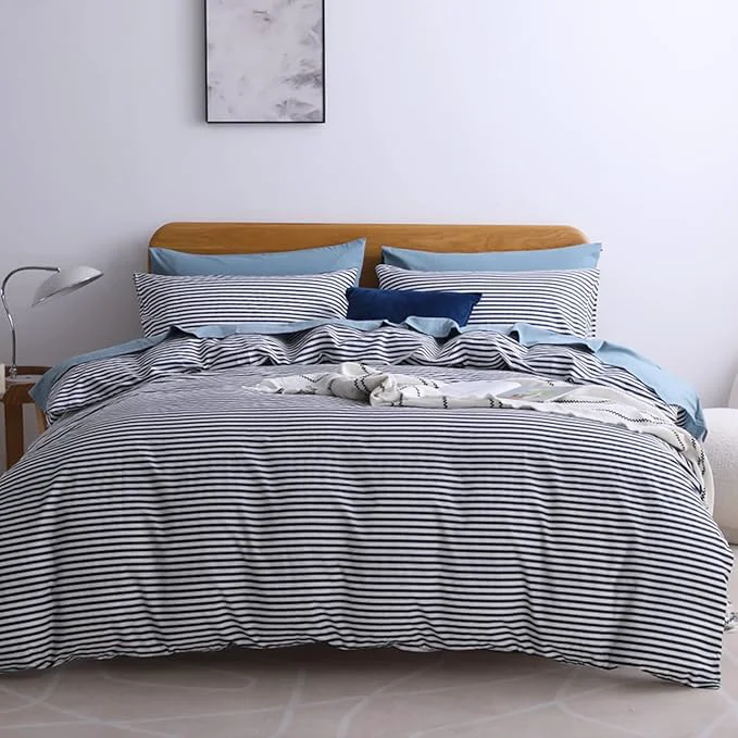 Effective JELLYMONI Natural Cotton 3pcs Striped Duvet Cover Sets White Duvet Cover with Navy Blue Stripes Pattern Printed Comforter Cover with Zipper Closure amp Corner Ties Full Size Minimalist