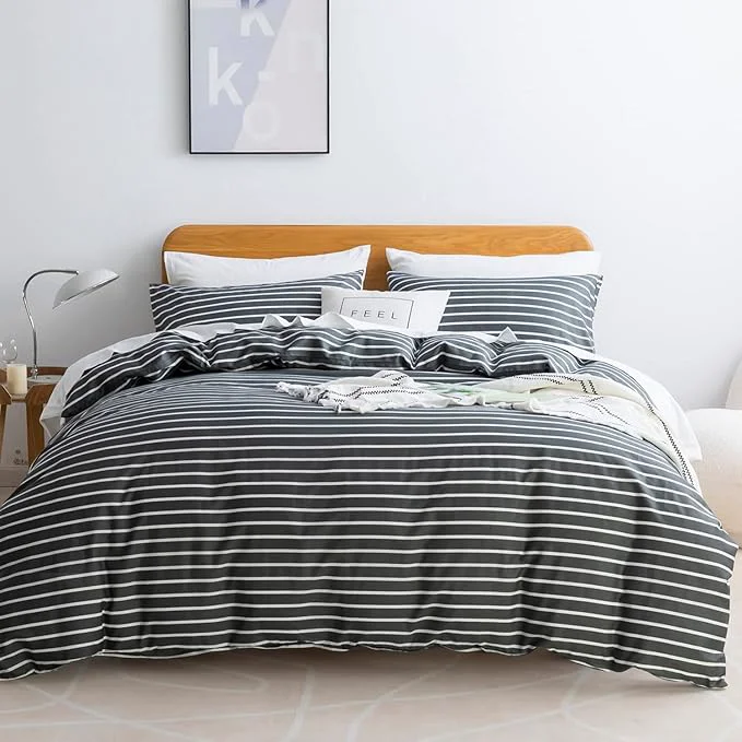 Fine JELLYMONI Natural Cotton 3pcs Striped Duvet Cover Sets Dark Grey Duvet Cover with White Stripes Pattern Printed Comforter Cover with Zipper Closure amp Corner Ties Full Size Soft