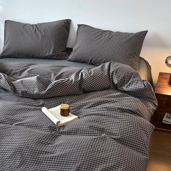 Exclusive Gingham Duvet Cover Full Grey Washed Cotton Full Size Comforter Cover Plaid Checkered Pattern Vintage Duvet Cover Set with Hidden Zipper Farmhouse Boho Bedding Set for Adults Duvet Protector Breathable