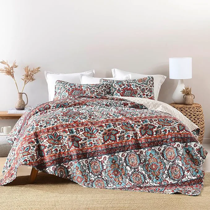 Innovative Horimote Home Boho Quilt King Size Reversible Bohemian Style Twill Strip Floral Quilt Beddding Set Colorful and Soft Bedspread Oversized King Quilt Coverlet for All Season 2 Pillow Shams 3 Pieces User-Friendly