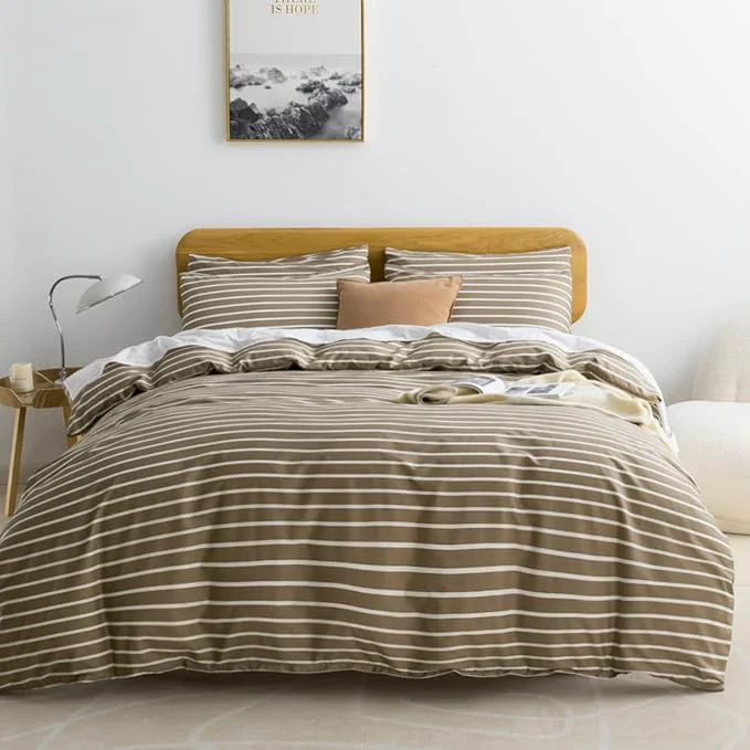 Reliable JELLYMONI Queen Duvet Cover Set Cotton Duvet Cover 3 Pieces with Zipper Closure 1 Duvet Cover and 2 Pillowcases Khaki with White Striped Fine Crafted