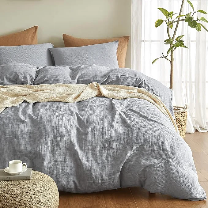 Quality SE SOFTEXLY Muslin Duvet Cover Queen Size Washed Cotton Duvet Cover Set Ultra Soft Comforter Cover Linen Like 3 Pieces Minimalist Gauze Duvet Cover with 2 Pillowcases 90 quot x90 quot Light Grey Effective