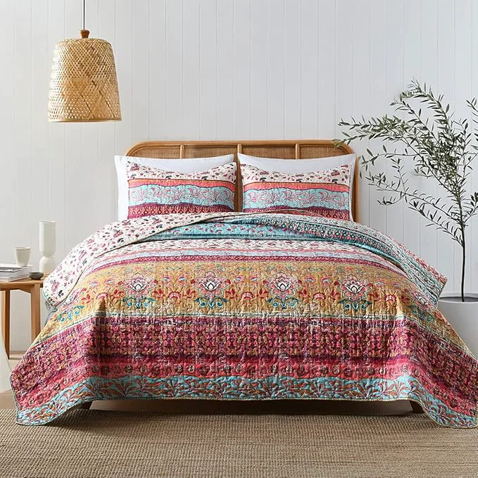 Original Boho Style King Quilt Set Reversible Bohemian Floral Strip Quilt Beddding Set Soft and Lightweight Bedspread for All Season Oversize King Bed Coverlet with 2 Matching Pillow Shams 3 Pieces Modern