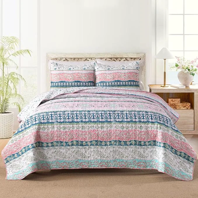 High-Performance HORIMOTE HOME Boho Style Twin Size Quilt Set Pink Bohemian Floral Strip Quilt Beddding Set Soft and Lightweight Bedspread for All Season XL Twin Bed Coverlet with 1 Matching Pillow Sham 2 Pieces Original Design