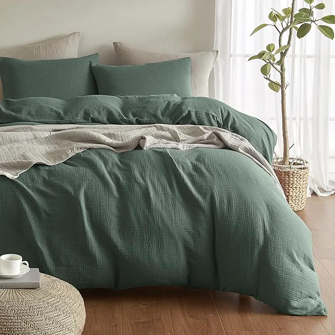 Premium SE SOFTEXLY Muslin Duvet Cover King Size Washed Cotton Duvet Cover Set Ultra Soft Comforter Cover Linen Like 3 Pieces Minimalist Gauze Duvet Cover with 2 Pillowcases 90 quot x104 quot Forest Green Elegant