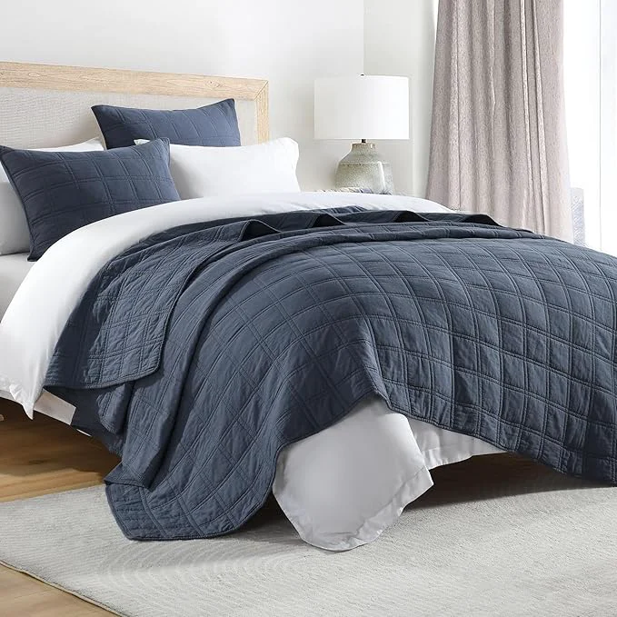 Long-Lasting HORIMOTE HOME Cotton Quilt Set Queen Size Denim Blue Pre-Washed Bedspreads Coverlet Set in Geometric Pattern Cozy Lightweight Stitching Decorative Bedding Cover with 2 Shams for All Season Environmentally Friendly