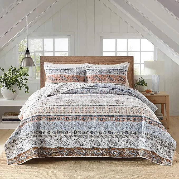 Smooth Boho Style King Quilt Set Mocha Brown Bohemian Floral Strip Quilt Beddding Set Soft and Lightweight Bedspread for All Season Oversize King Bed Coverlet with 2 Matching Pillow Shams 3 Pieces Fast