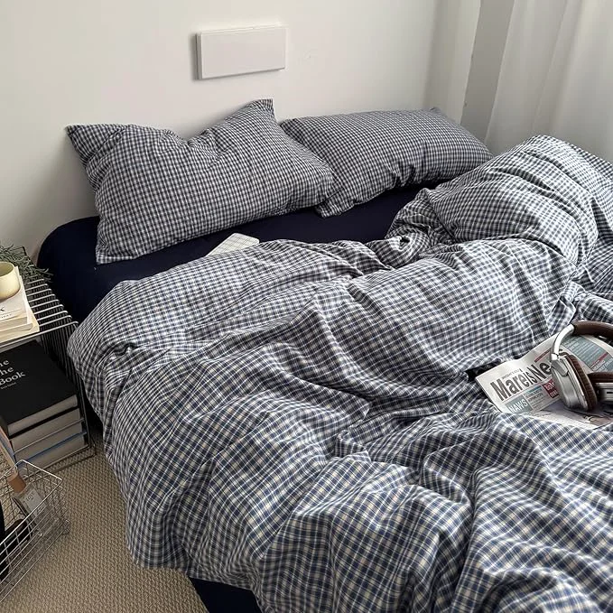 Organic Navy Blue Gingham Duvet Cover King Washed Cotton Plaid Comforter Cover King Size Farmhouse Soft Breathable Checkered Duvet Cover Set with Zipper Vintage Boho Bedding Set Neutral Duvet Protector Luxury