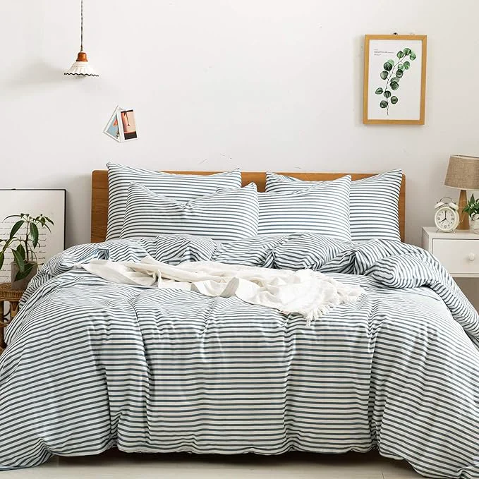 Organic JELLYMONI Natural Cotton 3pcs Striped Duvet Cover Sets White Duvet Cover with Grayish Blue Stripes Pattern Printed Comforter Cover with Zipper Closure amp Corner Ties Full Size Comfortable