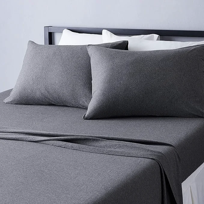 Crafted Amazon Basics 4 Piece Breathable Cotton Jersey Bed Sheets Set Machine Washable Stretchy Flat and Fitted Sheets Pillowcase King Dark Gray Solid Artisan