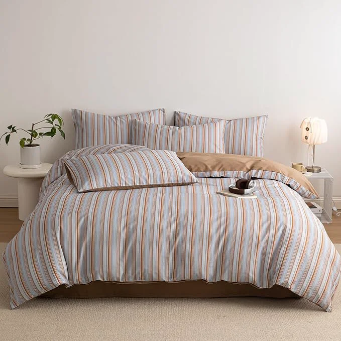 Casual Striped Duvet Cover Twin XL Light Blue Caramel Brown Comforter Cover Twin XL Cotton Boho Soft Vintage Duvet Cover Set with 2 Pillow Cases Vertical Stripe Bedding Set Pattern Duvet Protector Exceptional