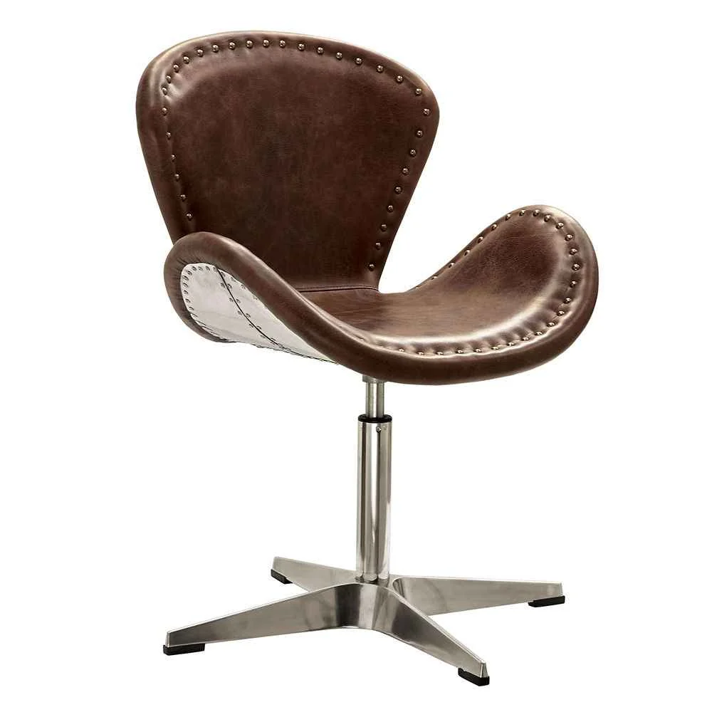 Consistent Brancaster - 33 quot Accent Chair With Swivel - Retro Brown Top Grain Leather amp Aluminum Artisan