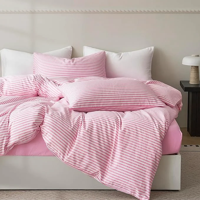 Smooth JELLYMONI Twin Duvet Cover Set Cotton Duvet Cover 2 Pieces with Zipper Closure 1 Duvet Cover and 1 Pillowcase Pink with White Striped Recyclable