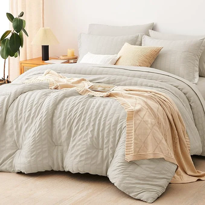 First-Class CozyLux King Size Comforter Set Oatmeal Seersucker 7 Pieces Bed in a Bag King Comforter Set with Sheets Luxury Bedding Sets with Down Comforter Sheets Pillowcases amp Shams All Seasons Trusted