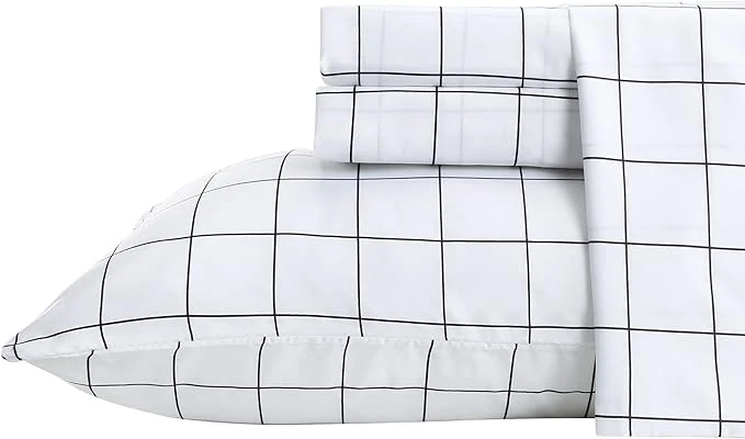 Next-Generation Season Printed Plaid Bed Sheet Set 3 Pieces - Twin Size - Double Brushed Microfiber Super Soft Breathable Bedding Sheets Black Grid Relaxed