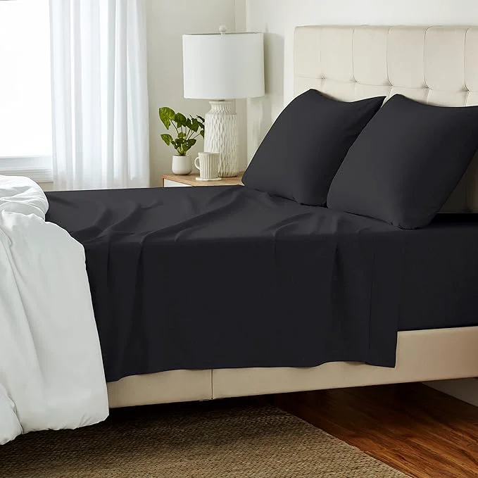 Prestigious Amazon Basics 4 Piece Breathable Cotton Jersey Bed Sheet Set Stretchy Flat and Fitted Sheets with Pillowcase Queen Black Solid Clean