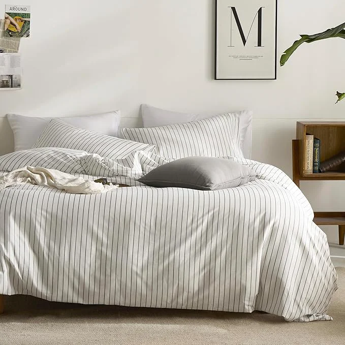 Official JELLYMONI Striped Duvet Cover Set - King Size Cotton - 3PCS White amp Grey Vertical Stripes Bedding - Hidden Zipper Closure amp 8 Corner Ties - Breathable Comforter Cover for Bedroom Smart