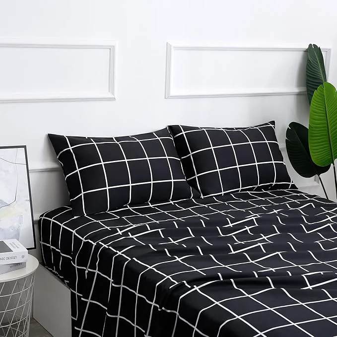 Selected Season Bed Sheet Set 4 Pieces -Full Size-Soft Durable Microfiber Bedding Sheet Set Deep Pocket Stain Fade amp Wrinkle Resistant Plaid Black Artisan