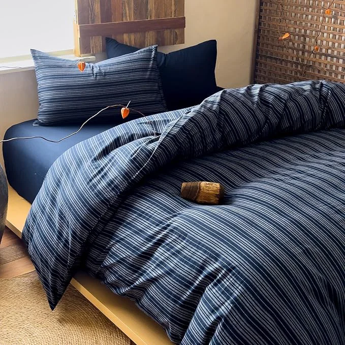 Eco-Friendly Striped Full Size Duvet Cover Navy Blue Washed Cotton Comforter Cover Full Size Soft Grey Vertical Stripe Farmhouse Duvet Cover Set with Zipper Boho Patterned Bedding Wabi Sabi Duvet Protector Green