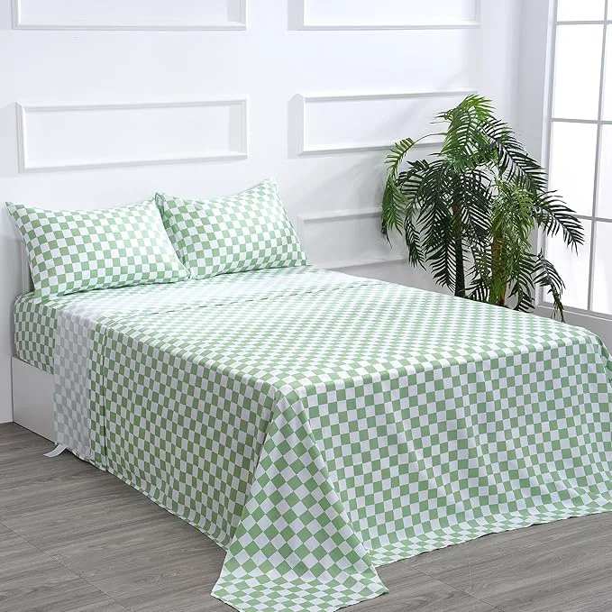Versatile Season Queen Size Sheet Set 4 Piece -Microfiber Soft Durable Bedding Sheet Set Deep Pocket Stain Fade amp Wrinkle Resistant Plaid Green amp White Selected