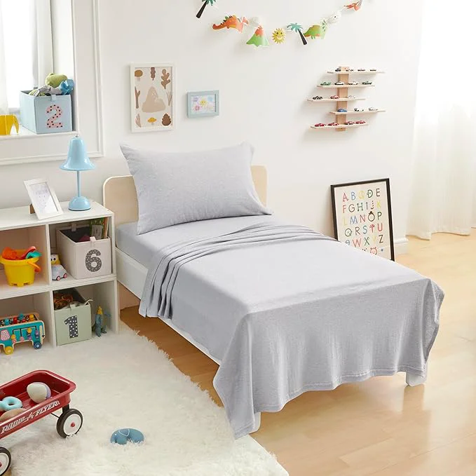 Functional Amazon Basics 3 Piece Bed Sheets Set Cotton Jersey Includes Super Soft Flat and Fitted Sheets Pillowcase Toddler Light Gray Solid Clean