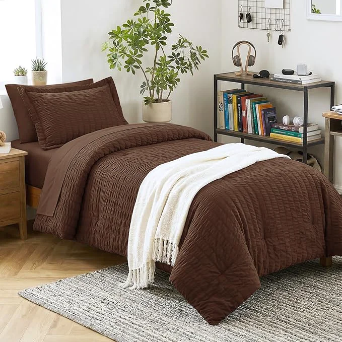 Quality CozyLux Twin Comforter Set with Sheets 5 Pieces Brown Seersucker Textured Bed in a Bag for Bedroom Luxury Soft Bedding Sets with Down Comforter Sheets Pillowcase amp Sham for All Seasons Contemporary