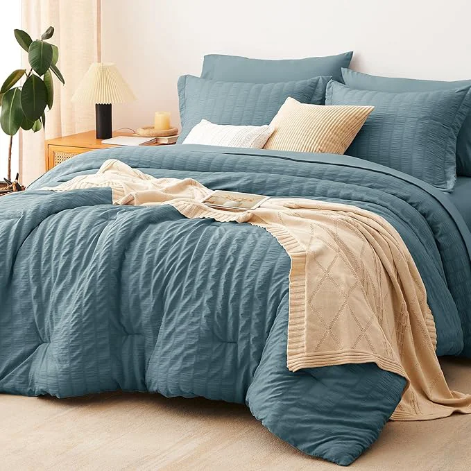 Classic CozyLux King Size Comforter Set Mineral Blue Seersucker 7 Pieces Bed in a Bag King Comforter Set with Sheets Luxury Soft Bedding Sets with Down Comforter Sheets Pillowcases amp Shams Durable