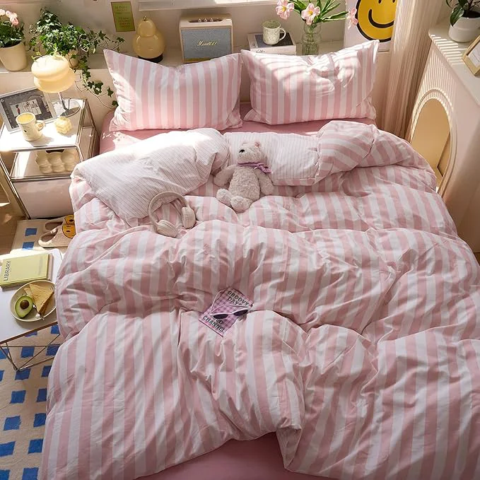 Official Peach Pink Striped King Size Duvet Cover Set Boho Patterned King Comforter Cover Farmhouse Aesthetic Preppy Cute Duvet Cover with Corner Ties Girls Bedding Washed Microfiber Duvet Protector Natural