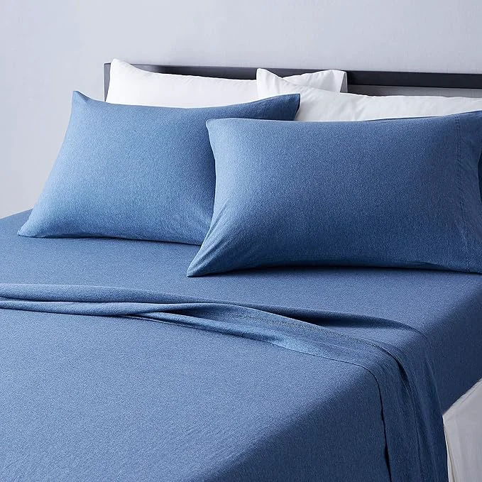 Traditional Amazon Basics Cotton Jersey 4-Piece Bed Sheet Set King Chambray Blue Solid Carefully Designed