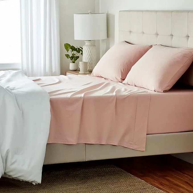 Trendy Amazon Basics 4 Piece Breathable Cotton Jersey Knit Bed Sheet Set Includes Flat and Fitted Sheets Pillowcase Queen Blush Solid