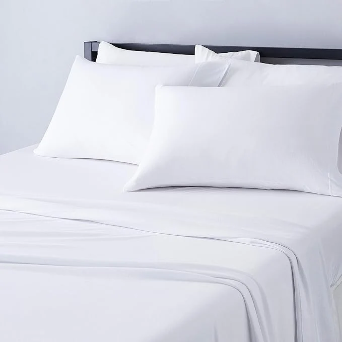 Professional Amazon Basics 4 Piece Bed Sheet Set Cotton Jersey Includes Super Soft Flat and Fitted Sheets Pillowcase Full White Solid Carefully Designed