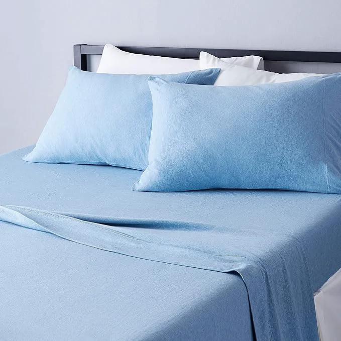Official Amazon Basics 4 Piece Bed Sheets Set Cotton Jersey Includes Super Soft Flat and Fitted Sheets Pillowcase King Sky Blue Solid Unique