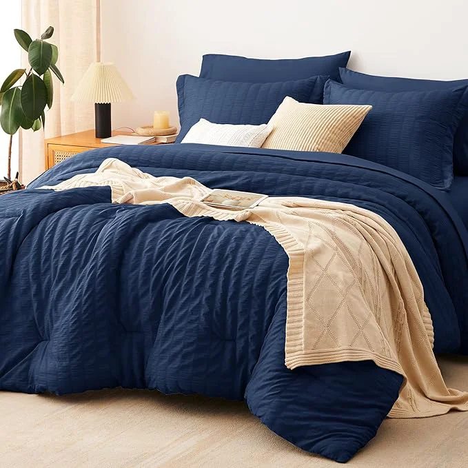 Lightweight CozyLux Full Size Comforter Sets with Sheets 7 Pieces Navy Blue Seersucker Bed in a Bag Textured Luxury Soft Bedding Sets with Down Comforter Sheets Pillowcases amp Shams for All Seasons Natural