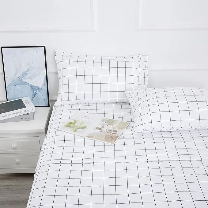 Premium Material Season Printed Plaid Bed Sheet Set 4 Pieces - Queen Size - Double Brushed Microfiber Super Soft Breathable Bedding Sheets Black Grid Exclusive