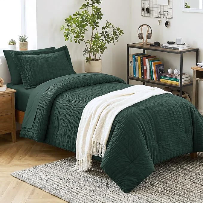 Eco-Friendly CozyLux Twin Comforter Set with Sheets 5 Pieces Forest Green Seersucker Textured Bed in a Bag Luxury Soft Bedding Sets with Down Comforter Sheets Pillowcase amp Sham for All Seasons Certified